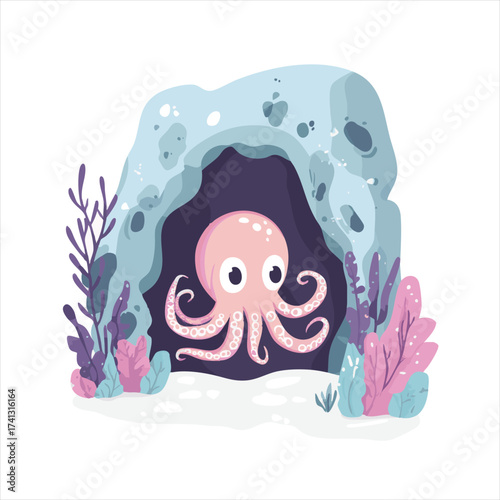 vector Cute pink octopus in a cave