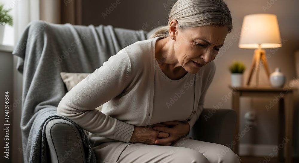 Obraz premium Elderly Woman Experiencing Abdominal Pain.