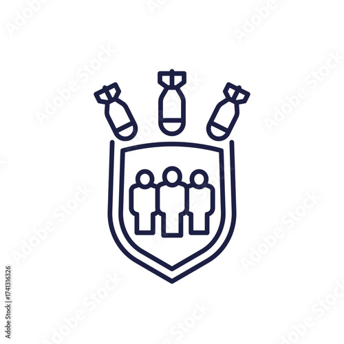 bomb shelter line icon with shield and people