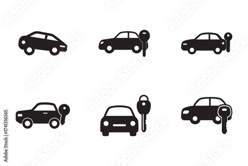 Black Car Icons with Key Set on White Background for Transportation and Rental Services Simple and Modern Design
