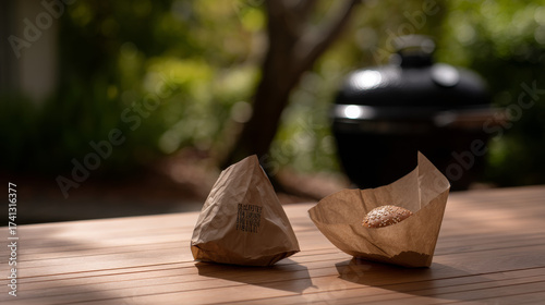 Gourmet burger in branded paper wrapper on wooden board with blurred BBQ grill background, professional food photography with soft shadows and space for logo, delicious restaurant meal and culinary