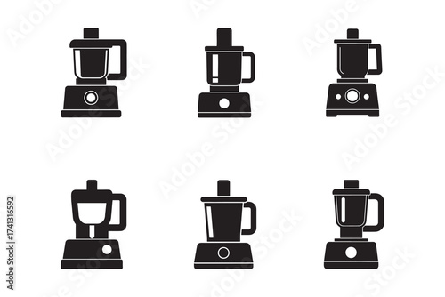 Black Food Processor Icons Vector Illustration Cooking and Kitchen Appliances Set Kitchenware Objects Collection Minimalist Design Elements Set on White Background