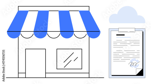 Retail shop with blue striped awning sits near clipboard featuring digital signature below a soft cloud. Ideal for digital contracts, e-commerce, small business, legal agreement, online store, remote