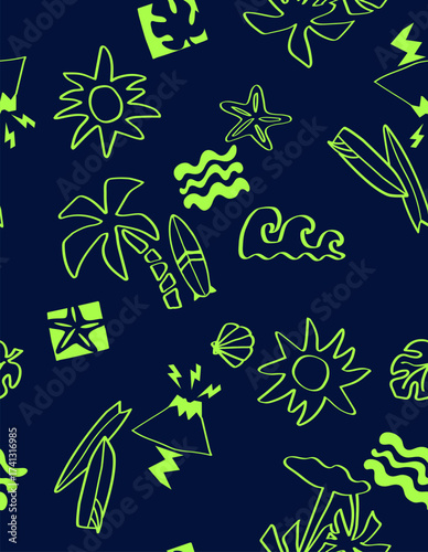 Summer seamless pattern design.Palm tree, surfboard, shark vector print. neon green blue background	
