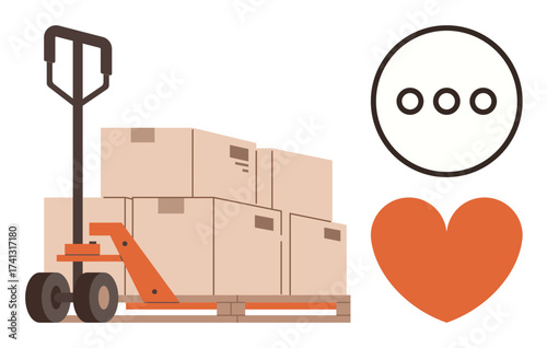Hand pallet truck with multiple cardboard boxes ready for delivery, accompanied by a simple heart and circular speech bubble. Ideal for logistics, shipping, communication, teamwork, customer service