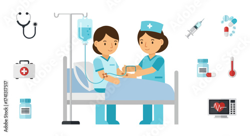 Nurse caring for patient in hospital bed with IV drip and medical equipment.