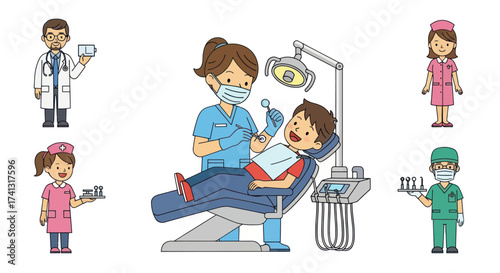Cartoon dental team providing patient care in a clinic setting.