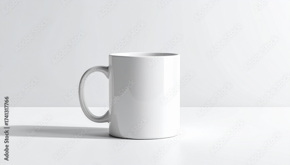 Fototapeta premium A white ceramic mug sits on a white surface against a white background, casting a soft shadow.