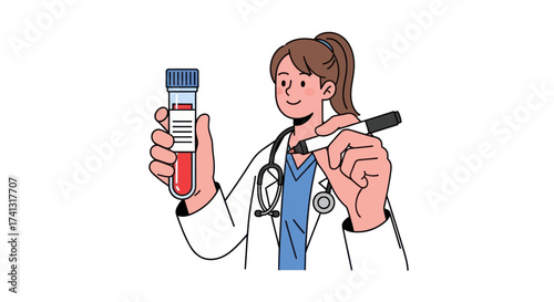 Female Doctor Holding Blood Sample Tube and Marker Pen for Medical Test.