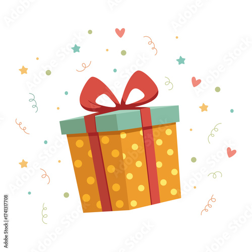 Cute gift box with red ribbon and bow. Vector illustration of festive present with confetti and hearts, perfect for birthday, New Year, celebration, holiday greeting cards, and party invitations.