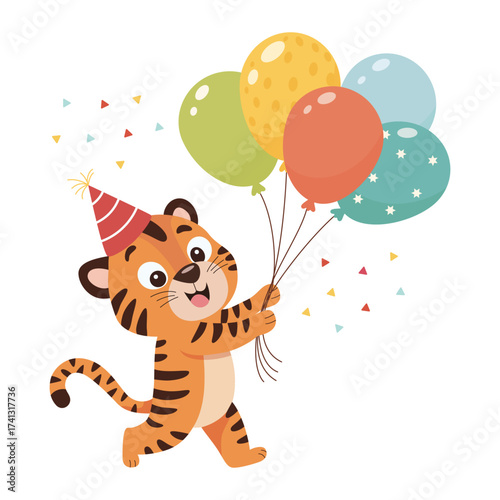 Cute cartoon tiger holding colorful balloons and wearing a party hat. Vector illustration of happy baby animal celebrating birthday, perfect for greeting cards and children’s party invitations.