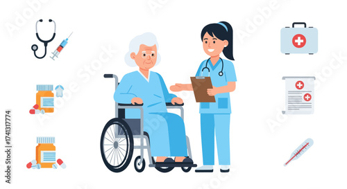 Nurse assisting elderly woman in wheelchair providing healthcare and support.