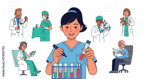 Diverse medical professionals in a laboratory setting focused on research and patient care.