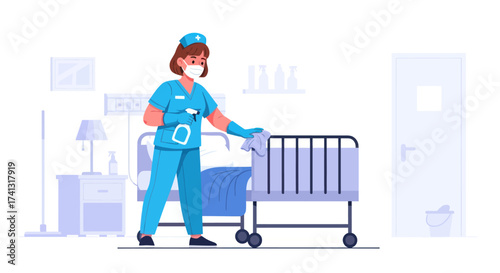 Female Nurse in Uniform Cleaning Hospital Bed with Disinfectant Spray.