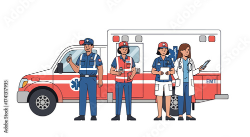 Group of Medical Professionals Standing Beside Ambulance Vehicle.