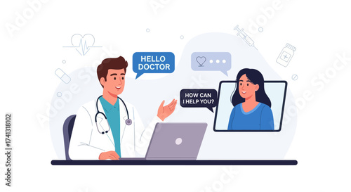 Male doctor providing online medical consultation to a female patient via a laptop video call.