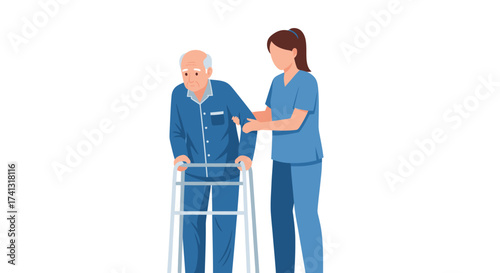 Elderly Man Assisted by Caregiver with Walker.