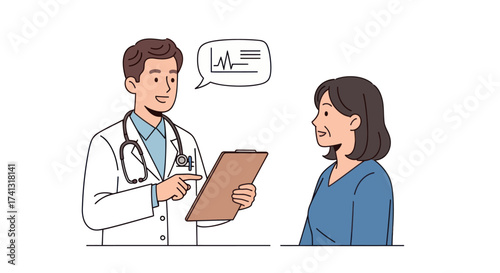 Doctor with a stethoscope and clipboard talking to a female patient during a medical consultation.