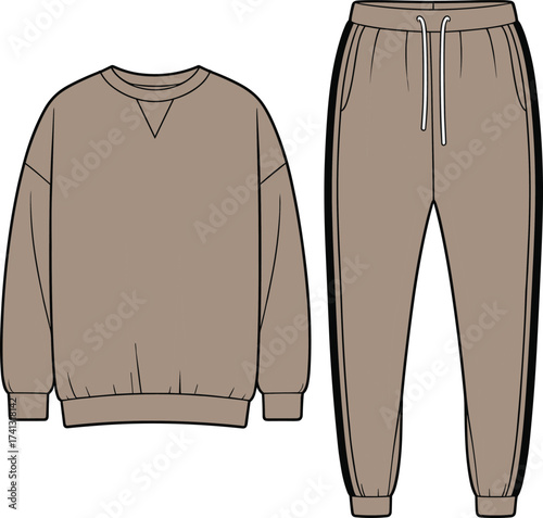 Unisex tracksuit CAD flat sketch, sweatshirt and jogger pants fashion vector template, technical clothing drawing, editable apparel mockup for designers