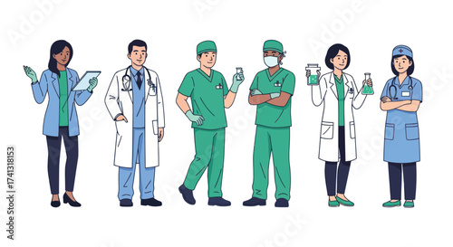 Diverse group of medical professionals in scrubs and lab coats.