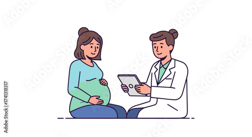 Pregnant woman consulting with a doctor holding a tablet.