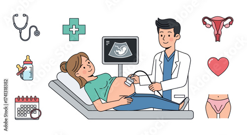 Pregnant Woman Receiving Ultrasound Scan by Male Doctor for Prenatal Care.