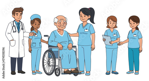 A compassionate medical team of a doctor and nurses caring for an elderly male patient in a wheelchair.