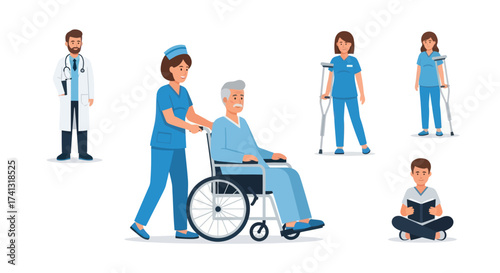 Medical Staff and Patient Illustrations: Doctor Nurse Wheelchair Crutches and Reading Patient.