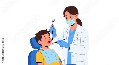 Female dentist in mask and gloves performing a dental check-up on a young boy in a chair.