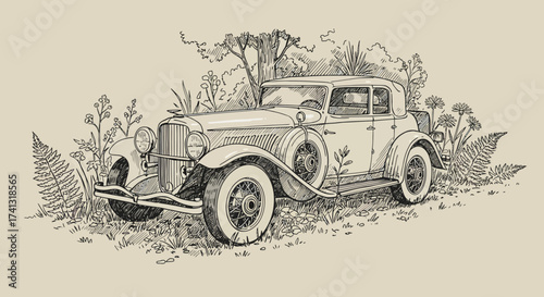 Vintage Car Sketch: Classic Automobile in Natural Setting.