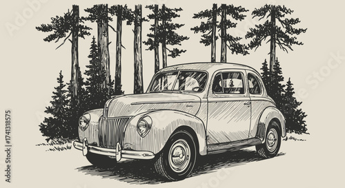Vintage Car Sketch in Forest Setting Classic Automobile Illustration.