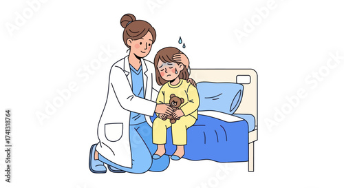 Doctor comforting a sick child in a hospital bed.