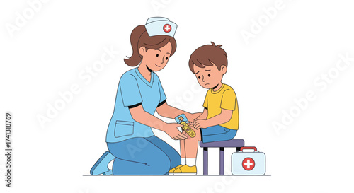 Nurse Treating Injured Boys Knee with First Aid.