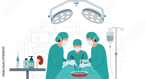 Medical Team Performing Surgery with Surgical Lights and Instruments.