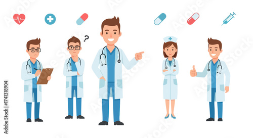 Diverse group of cartoon medical professionals in white coats and scrubs.