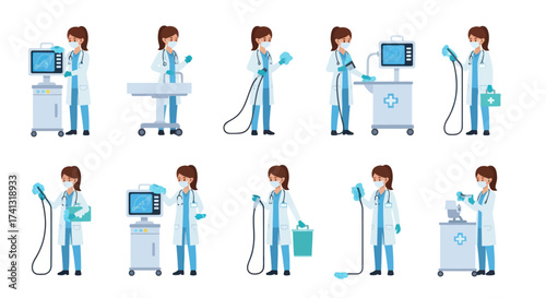 Cartoon Female Doctor with Medical Equipment Including Ventilator and Other Healthcare Devices.