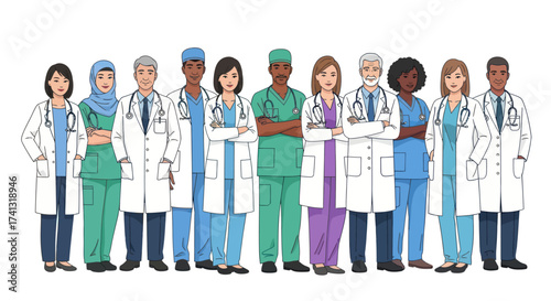 A diverse group of illustrated doctors and nurses standing together as a professional medical team.