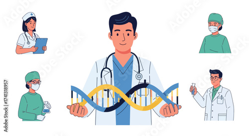Doctor Holding DNA Strand with Medical Professionals Around.