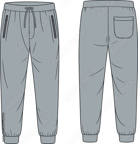 Men’s jogger pants CAD flat sketch, fashion vector template, technical drawing illustration, athletic wear design, editable clothing mockup for designers