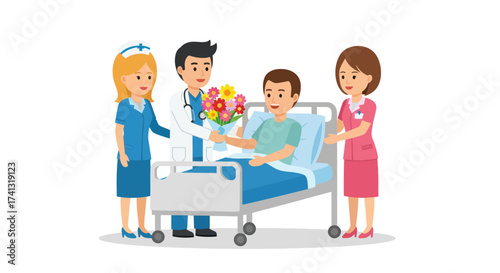 Doctor and nurses presenting flowers to a recovering patient in a hospital bed.