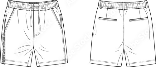 Men’s casual shorts CAD flat sketch, fashion vector template, technical drawing illustration, summer wear design, editable clothing mockup for designers