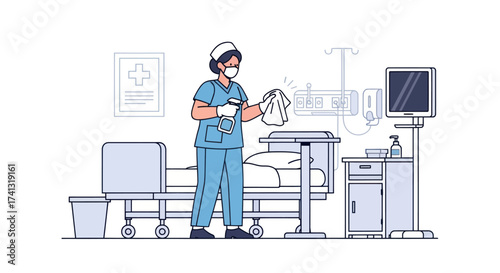 Nurse Cleaning Hospital Room Equipment with Disinfectant and Cloth.