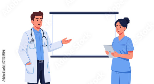 Male doctor and female nurse characters giving a medical presentation with a blank projector screen.