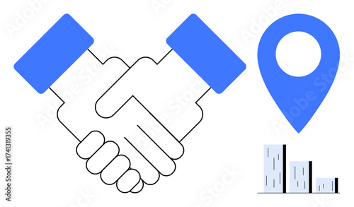Handshake representing partnership, location pin for navigation, and buildings for urban setting. Ideal for business, teamwork, negotiation, real estate, networking agreements trust. Simple flat