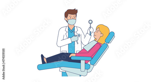 Dentist examining patient in dental chair with tools.
