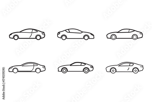 Collection of Minimalist Car Icons in Black Outline Isolated on White Background for Automotive Industry and Design