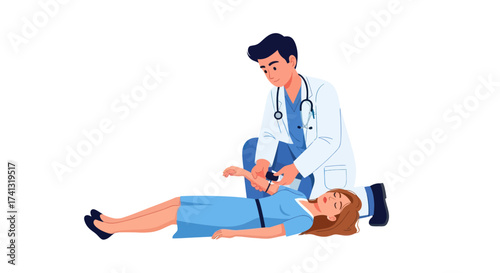 Doctor examining a patient lying down wearing a blue dress in a medical emergency.