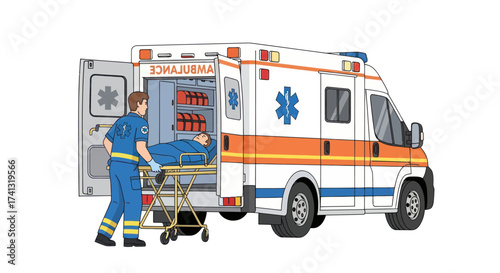Ambulance with paramedic loading patient onto stretcher.