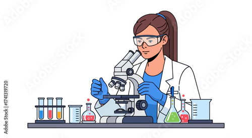 Female Scientist Illustration Using Microscope in Laboratory with Test Tubes.
