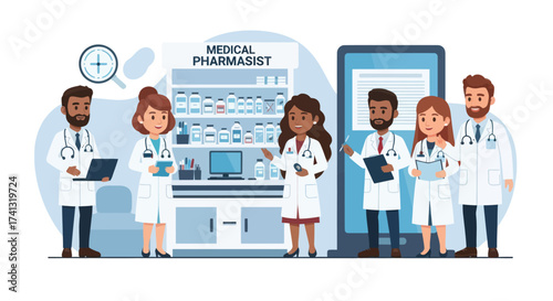 Group of Medical Professionals in a Pharmacy Setting.